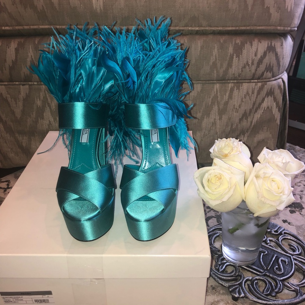 Prada Feather Trimmed Platform Sandals in “Pavone”
